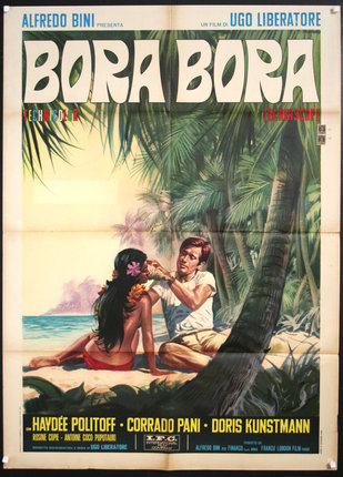 a poster of a man and woman sitting on a beach