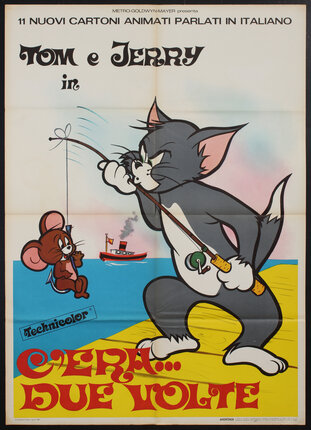 a poster of a cartoon cat fishing out a mouse from the sea with a boat in the distance