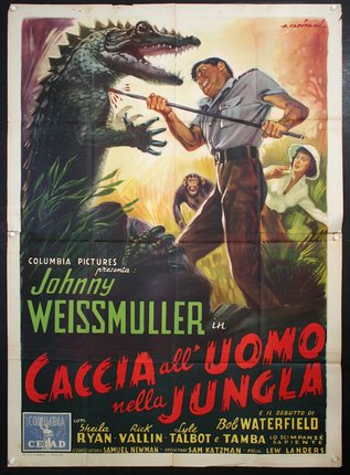 a movie poster of a man holding a stick and a crocodile attacking a crocodile