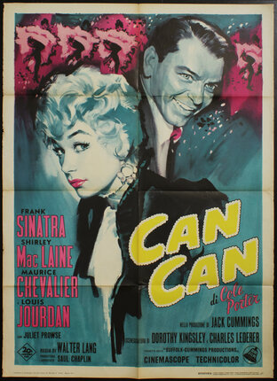 a movie poster of frank sinatra and shirley maclaine with cancan dancers in the background
