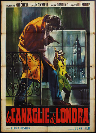 a movie poster of two men with guns and trenchcoats infront of big ben