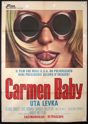 a poster of a woman with glasses sticking out her tongue