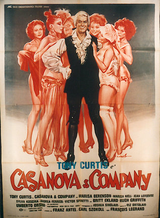 a poster of a man standing in front of several women