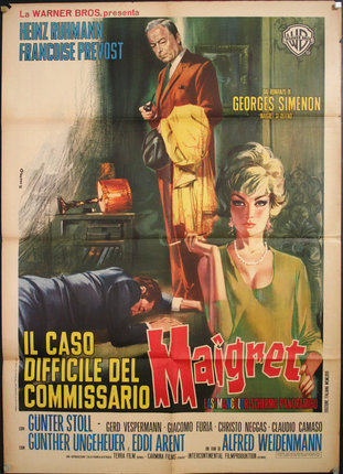 a movie poster with a man lying on a table and a woman