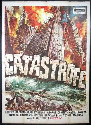a movie poster with a large building exploding and people running