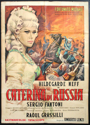 a movie poster of a woman in a powder wig on a battlefield