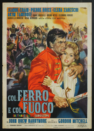 a movie poster of a man and a woman hugging with a battle scene behind them