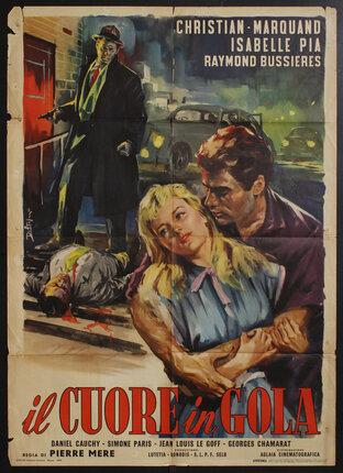 movie poster with a man holding a woman and a murder scene behind them