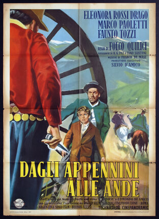 a movie poster with a man and a boy with a wagon wheel behind them