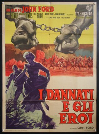 a movie poster with a man holding a chain and a woman running