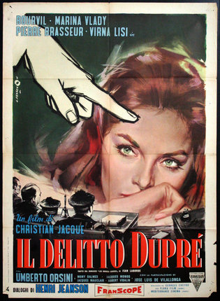 a movie poster with a hand pointing at a woman's head