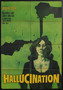 a poster of a woman with a shadowy knife and gun being pointed at her head from different directions.