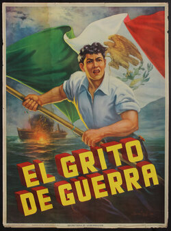 poster with a man holding a flag and a ship exploding in the background