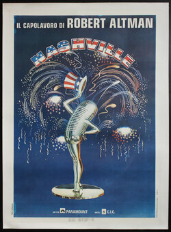 a poster with an anthropomorphic microphone standing with sexy legs holding an Uncle Sam top-hat surrounded by fireworks