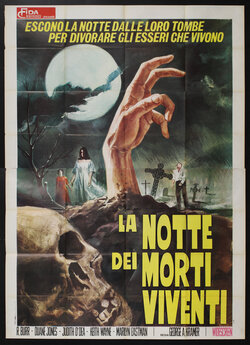 Movie poster with a hand coming out of the dirt, a skull in the foreground, zombies walking in the background, and a full moon in the sky.
