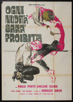 a poster of a man kneeling on his knees in front of a woman taking off her shirt