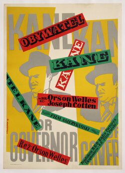 a poster with an illustration of a man in a hat duplicated twice and different bars with text