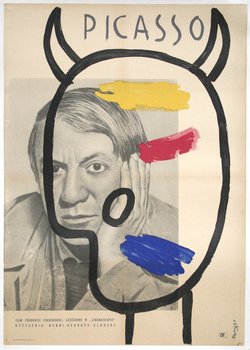 a poster with a man's face painted with paint