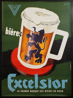 An illustration with a mug decorated with a lion logo on a red coaster, and filled with frothy beer.  Title 