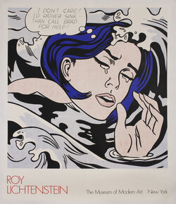 a poster of a crying woman with blue hair who is sinking in the ocean.