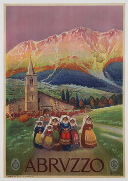 Poster showing a group of women in colorful native costume leaving a church. 