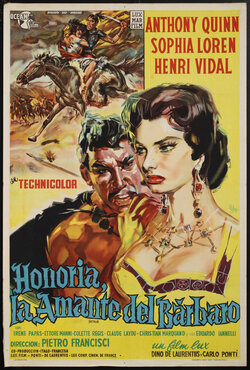 a movie poster with an illustration of Anthony Quinn as Attila the Hun and Sophia Loren as his love interest and a battle with horses