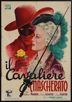 a poster of a man in a mask and woman with white hair with cursive title text and a fencing sword going through the letters.