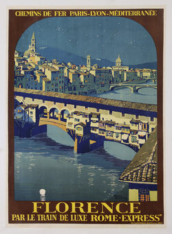 a poster of a bridge over a river in a city at night