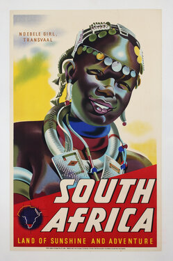 a travel poster with a illustrated depiction of a young Ndebele woman of South Africa wearing a headdress and neck jewelry