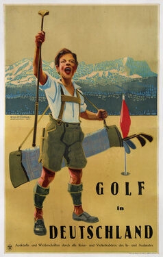 a boy holding a golf club with a view of snowy mountains behind him