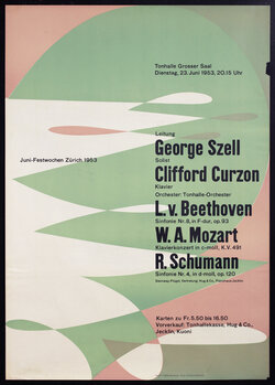a classical concert poster with text and soft intersecting pink, green, and white organic shapes