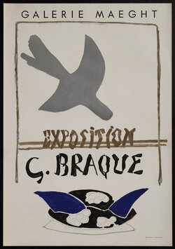 poster with an abstract silhouette of a flying bird and hat on the ground?