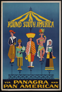 a poster with a colorful abstract rendering of four people standing on pedestals while wearing different cultural outfits