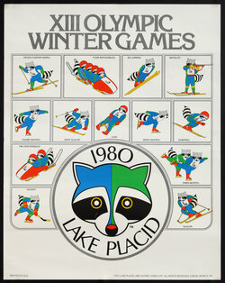 a poster of a raccoon engaging in winter games with a large logo of his face at the center bottom