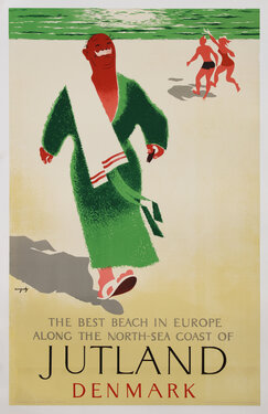 a poster of a mustachioed man in a robe with a towel over his shoulder and holding a cigar walking on the beach