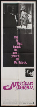 a poster with a woman standing on a bed and a man looking at her.