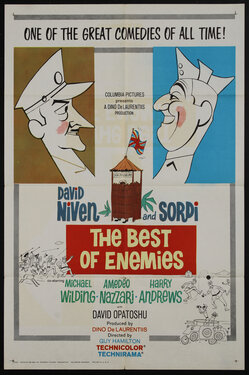 movie poster with a cartoon caricatures of two men looking at each other in profile