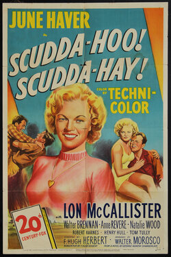 movie poster with an illustration of a blond woman, a couple, and two men fighting.