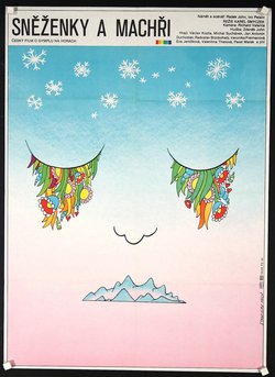 a poster with a face and snowflakes