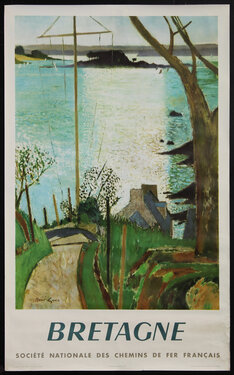 a poster of a seaside with a tree, a road, and light shining on the water in the background