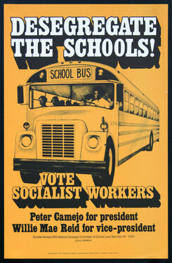 a poster with people on a school bus