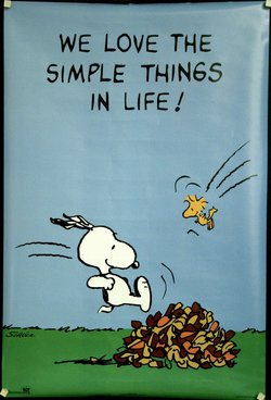 a poster with a cartoon of snoopy jumping over pile of nuts