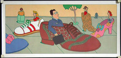 a cartoon of a man sitting in a large shoe