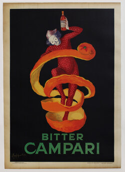 a poster of a clown surrounded by an orange peel holding a bottle of Campari