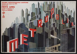 a poster of a city with letters spelling out the title Metropolis on the tops of buildings
