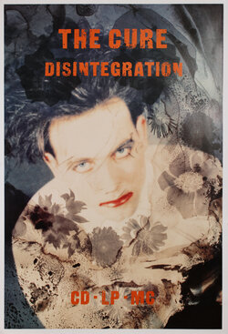 a poster of a man with red lipstick on looking up 