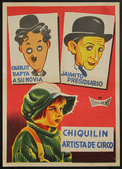 a poster with cartoon faces of Charlie Chaplin, Larry Semon, and Jackie Coogan