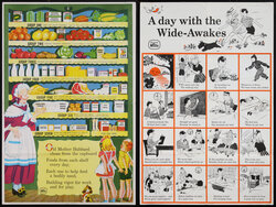 two poster images one with an elderly lady gesturing toward shelves of food and another with illustrations of children in daily activities.