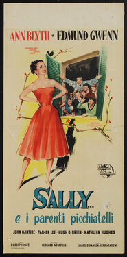 a poster of a woman in a red dress and men ogling her out of an open window