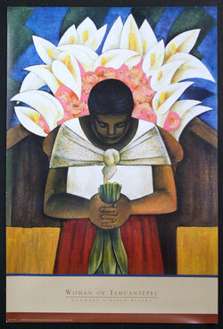 a painting of a person holding flowers